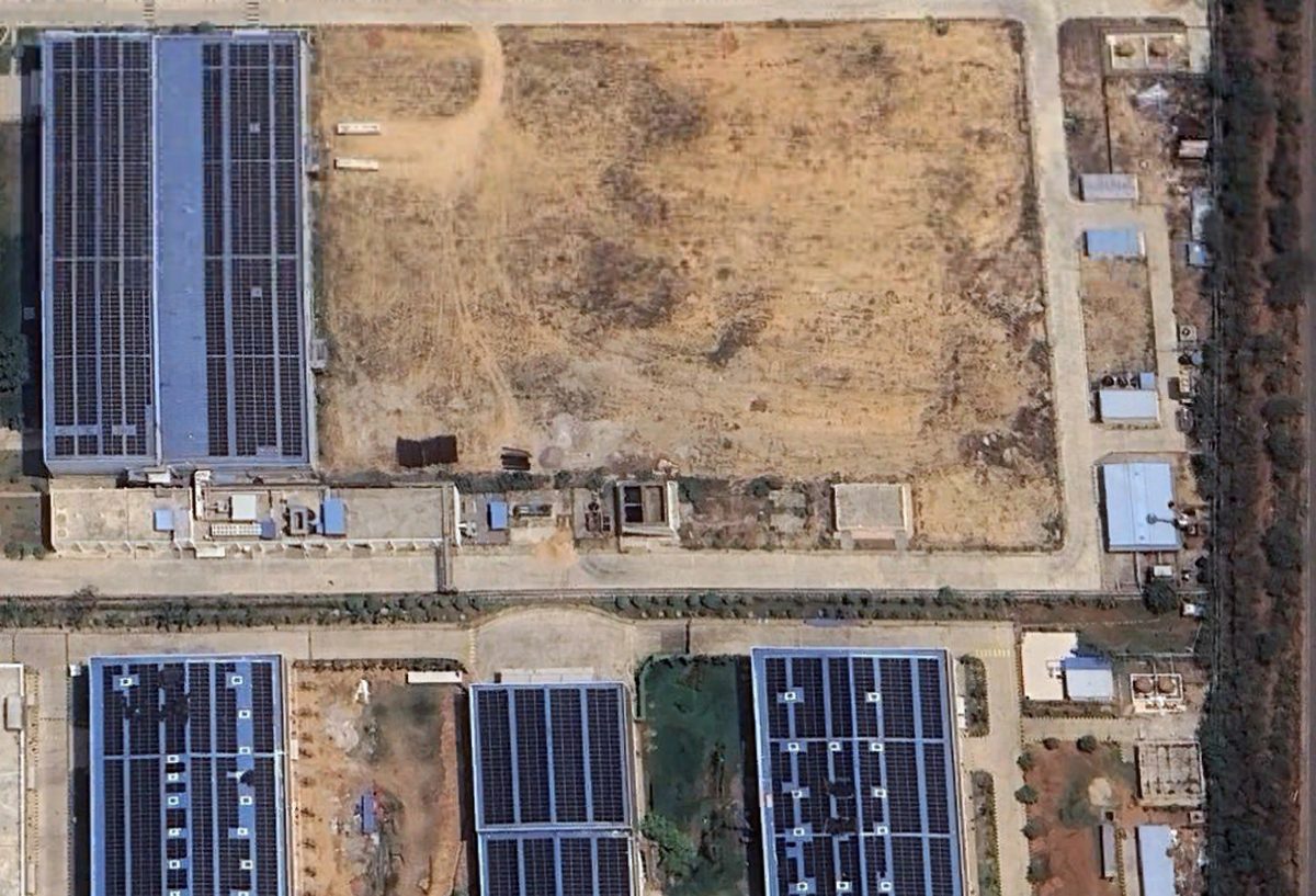 Rooftop solar arrays on the production blocks of Cronus Pharma at Shamshabad, Telangana, seen from above
