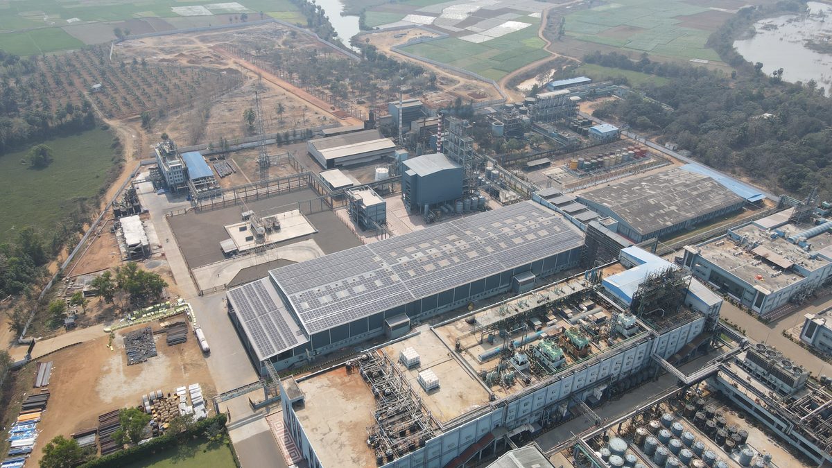 Aerial view of the SMS Pharmaceuticals facility in Visakhapatnam, Andhra Pradesh, with its rooftop solar plant